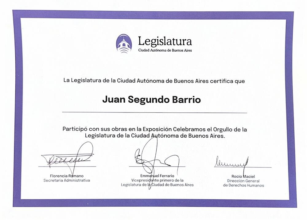 Recognition diploma from the Legislature of the Autonomous City of Buenos Aires for participation in the Celebramos el Orgullo exhibition