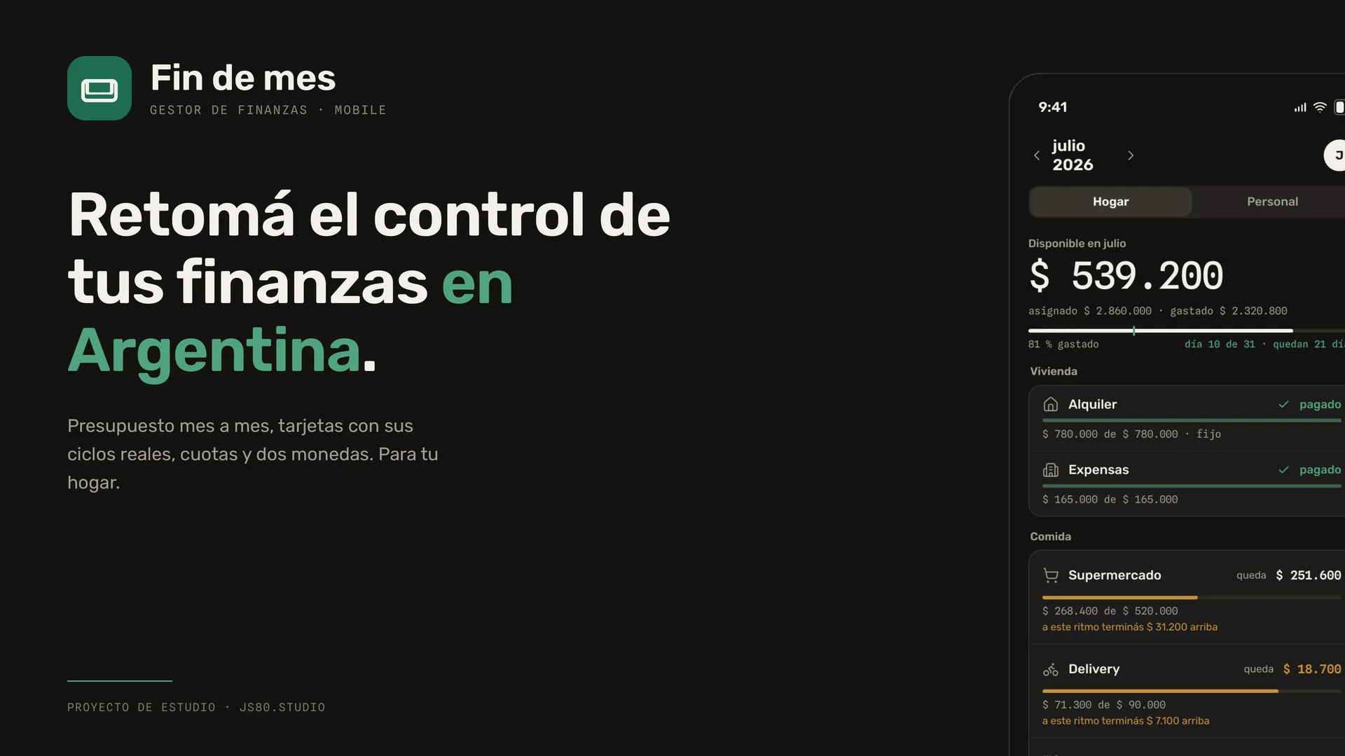 Fin de mes cover: “Take back control of your finances in Argentina” next to the household budget screen